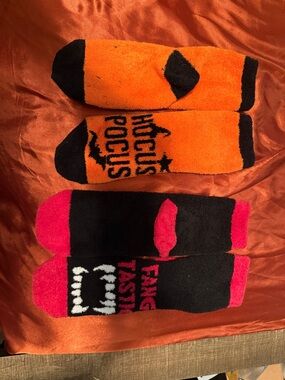 Cozy Halloween Fuzzy Crew Socks - Orange & Black, Pink Accent